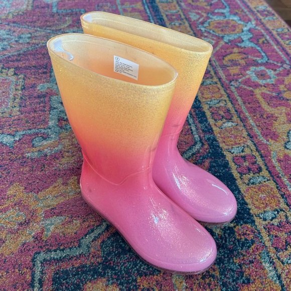 Cat & Jack | Girls Pink/Yellow Ombre Glitter CeCe Calf Length Rain Boots Size 4 - Picture 3 of 15